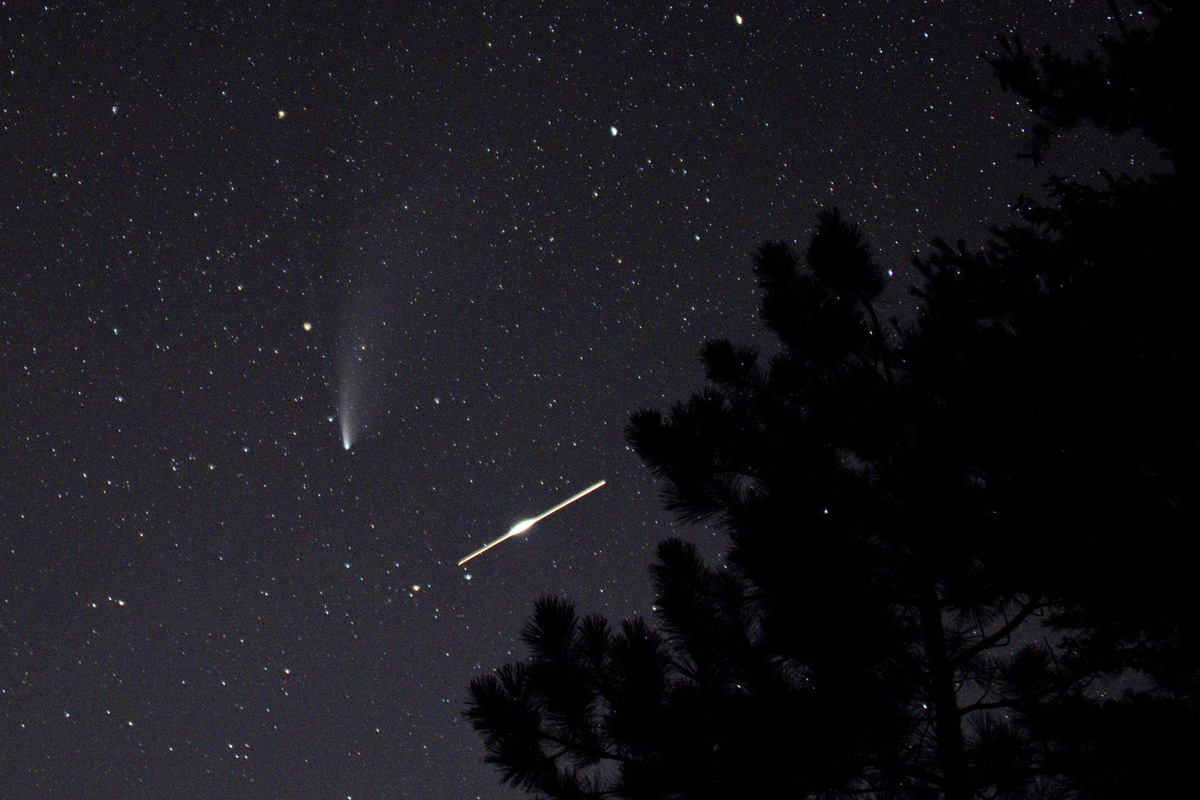 July 23, 2020     Comet Neowise and the ISS flying by and flashing a solar panel at us.